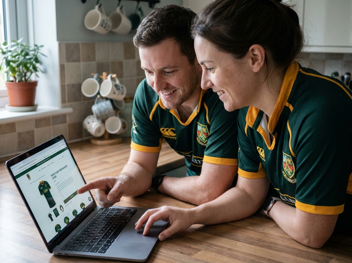 Deux amis portant le maillot de leur club de rugby, consultant ensemble un site de merchandising sportif sur un ordinateur portable
