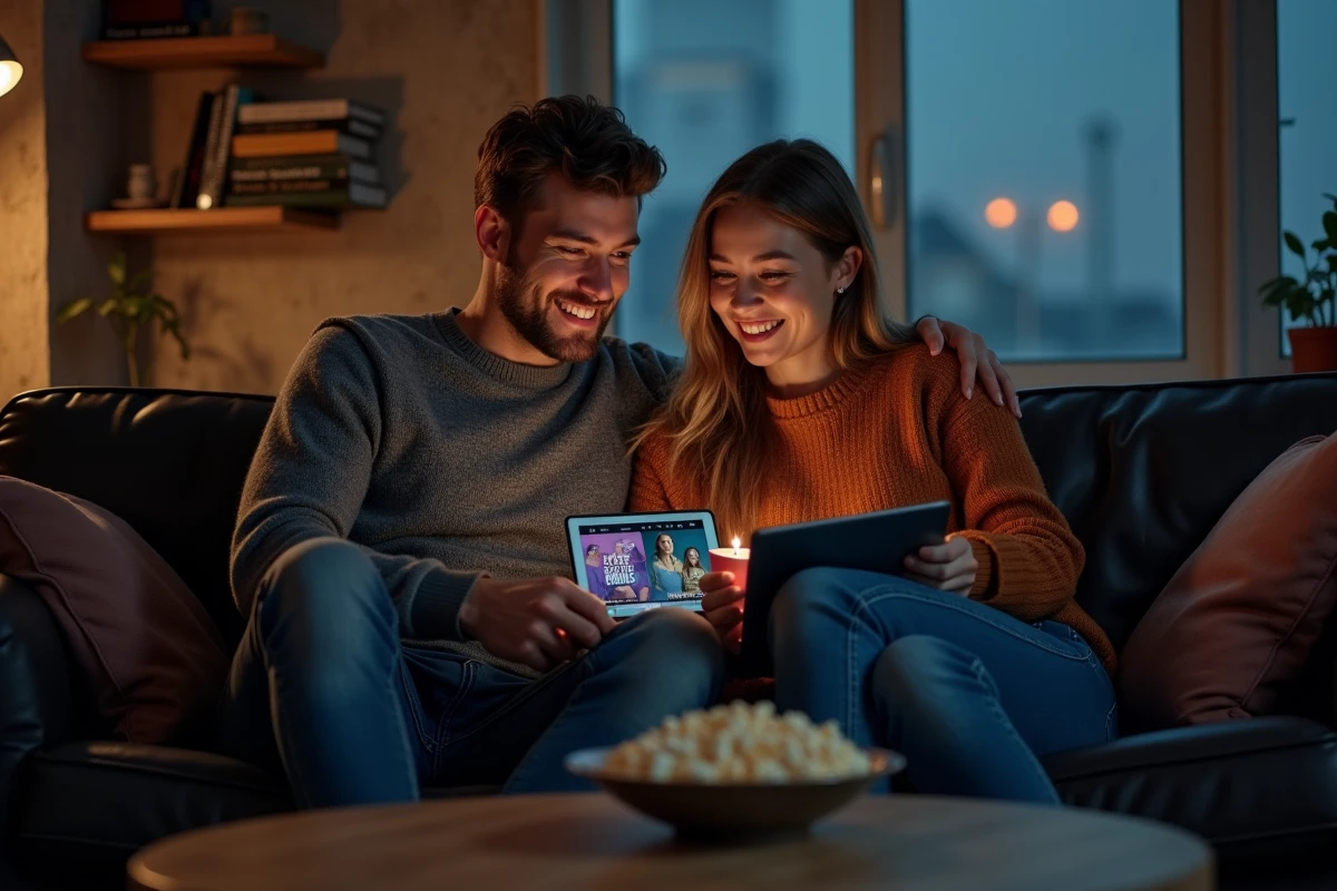Deux amis regardant des films en streaming légal sur une tablette dans un appartement urbain moderne