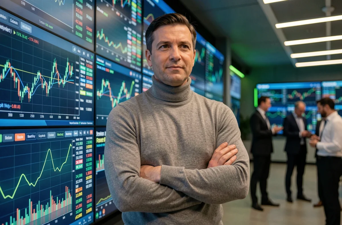 Analyste financier devant un mur de données boursières en temps réel dans une salle de marchés