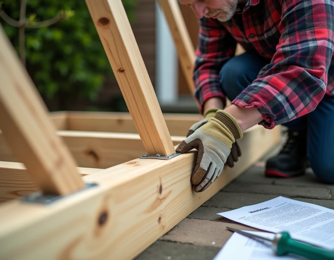 Homme assemblant un carport bois en kit avec des boulons et des connecteurs métalliques sur une allée de jardin