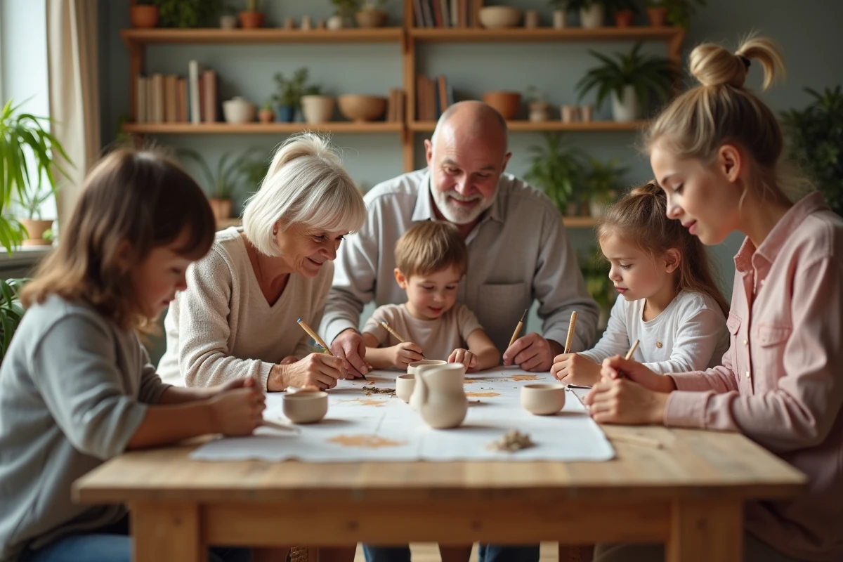 Famille multigénération en atelier de peinture sur céramique à la maison