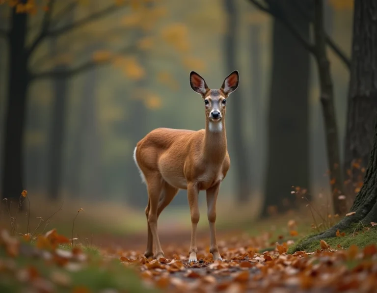 Biche sauvage au lisière d'une forêt automnale regardant l'objectif, symbolisant la rencontre spirituelle avec cet animal