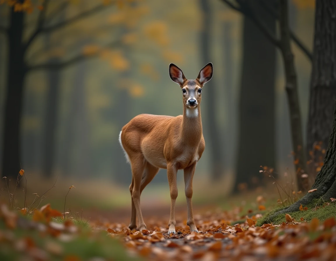 Biche sauvage au lisière d'une forêt automnale regardant l'objectif, symbolisant la rencontre spirituelle avec cet animal
