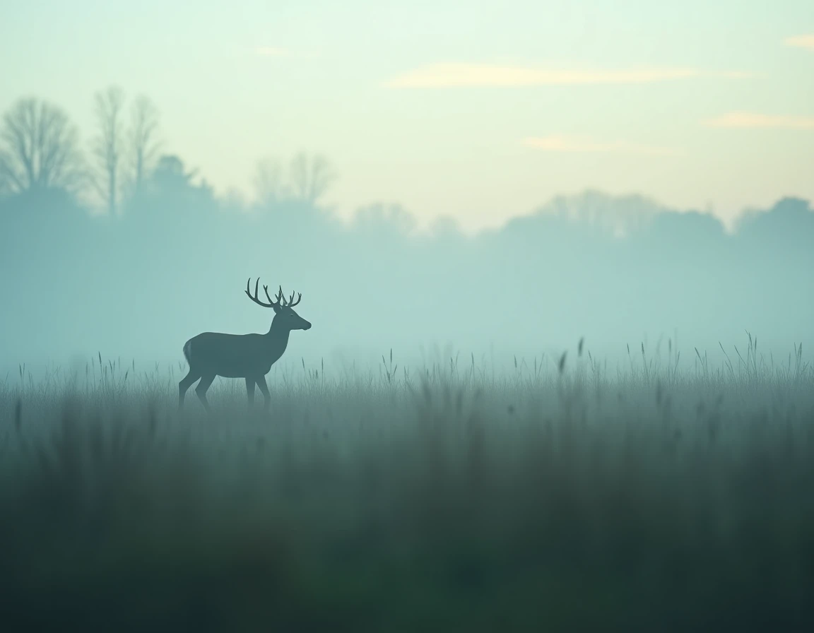 Biche dans une prairie brumeuse à l'aube, atmosphère mystique évoquant la symbolique spirituelle de la rencontre avec une biche