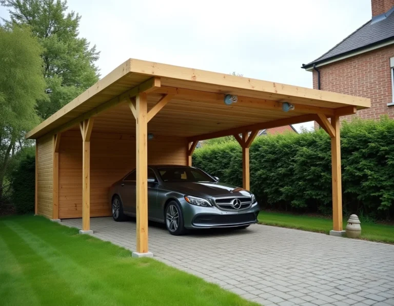 Carport bois en kit installé dans un jardin de maison individuelle abritant une voiture sur une allée pavée