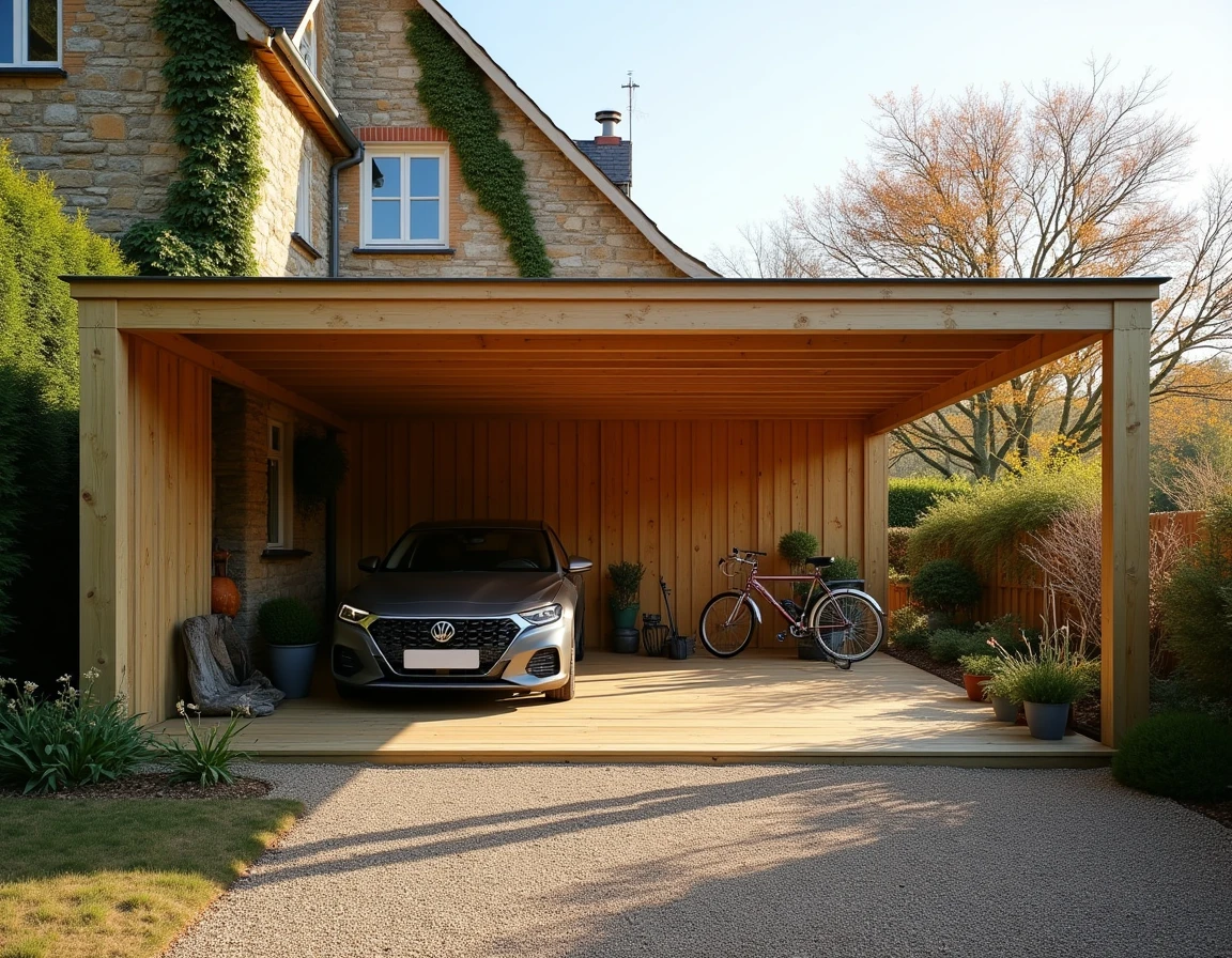 Carport bois en kit terminé dans un jardin de maison de campagne avec vélo et voiture garés dessous