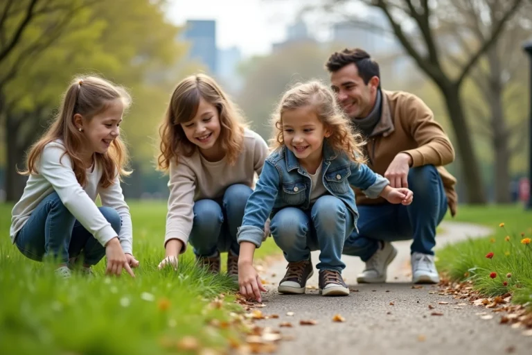 Enfants et adultes rient lors d'une chasse au trésor dans un parc urbain