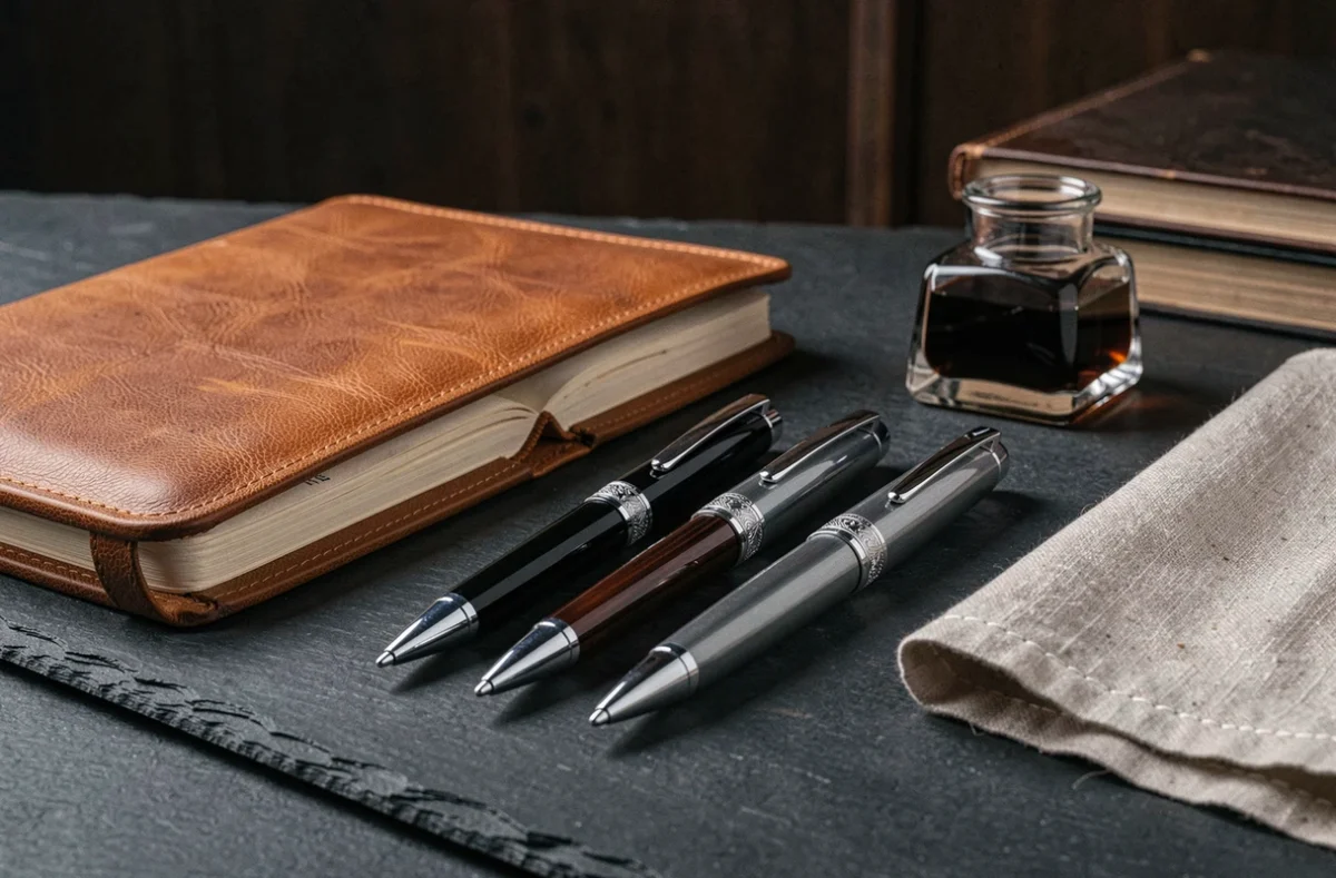 Collection de stylos bille de luxe sur ardoise avec carnet en cuir et accessoires d'écriture