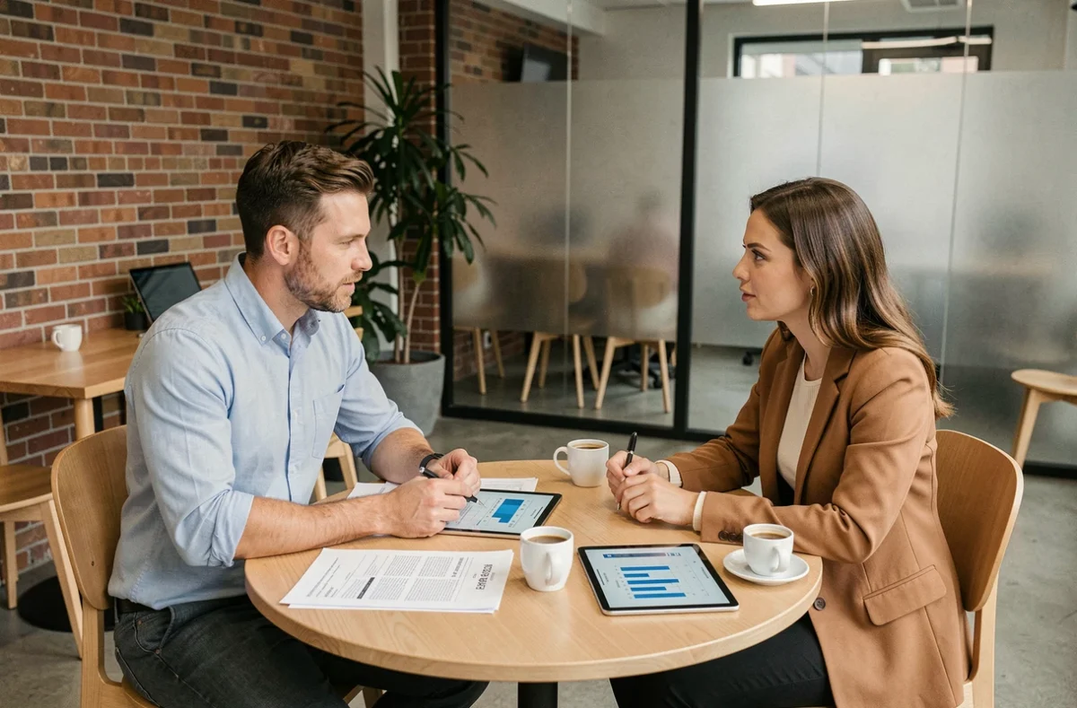 Deux collègues discutant des tendances du secteur financier autour de rapports et graphiques dans un espace de coworking
