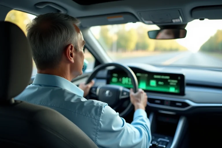Conducteur d'une voiture hybride sur autoroute consultant les indicateurs d'éco-conduite sur le tableau de bord numérique