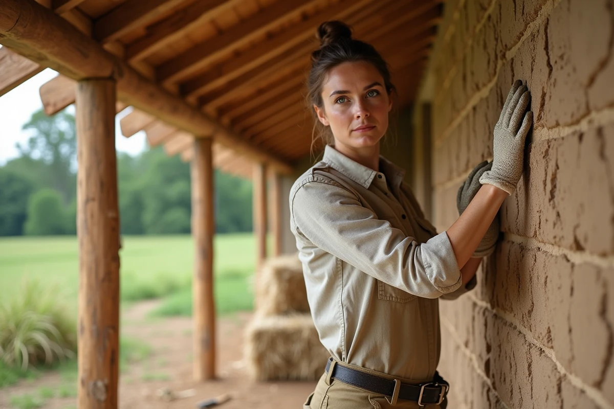 Femme appliquant un enduit naturel en argile et paille sur les murs d'une maison écologique à ossature bois en construction