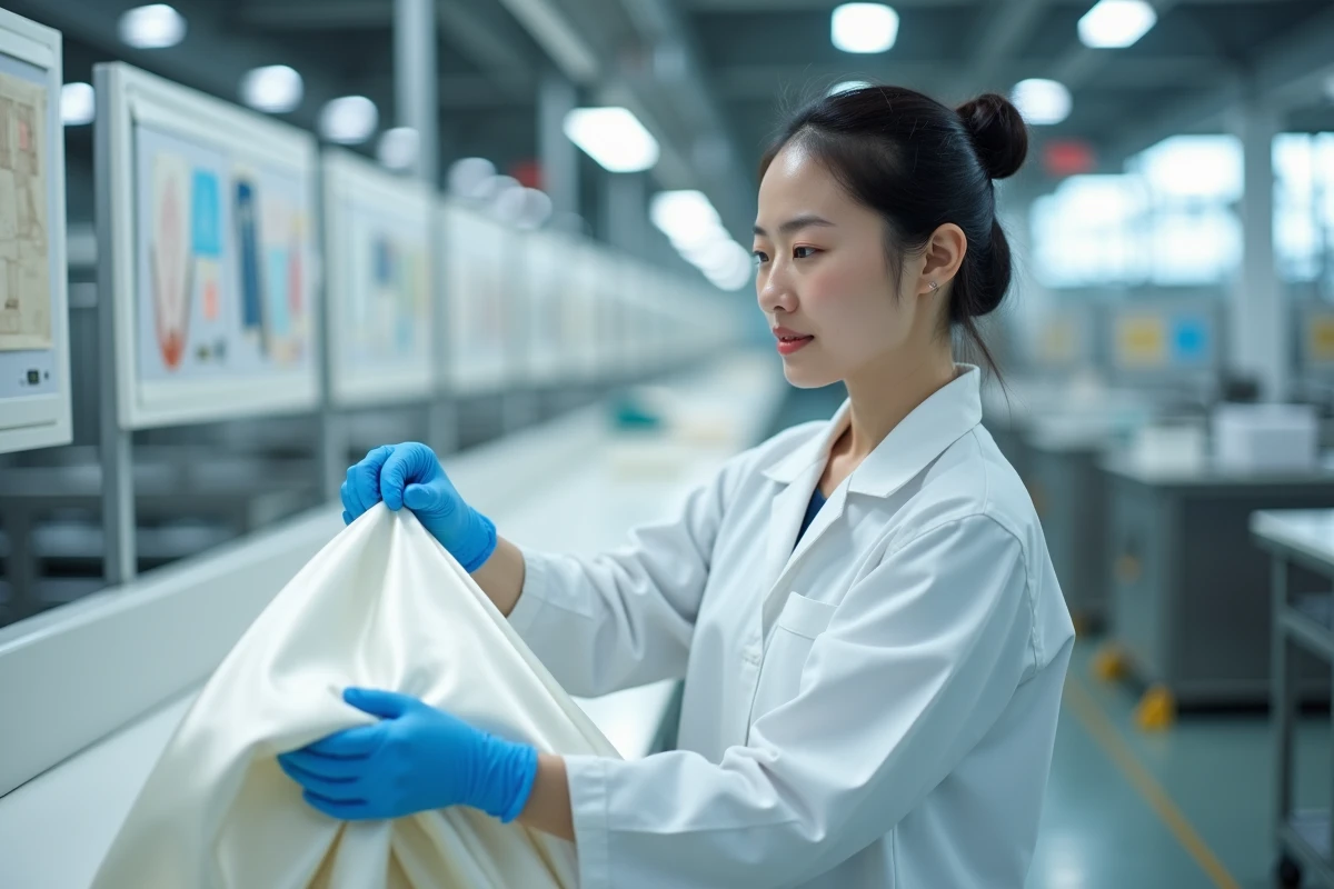 Contrôleuse qualité inspectant un tissu en soie dans une usine textile moderne en Chine