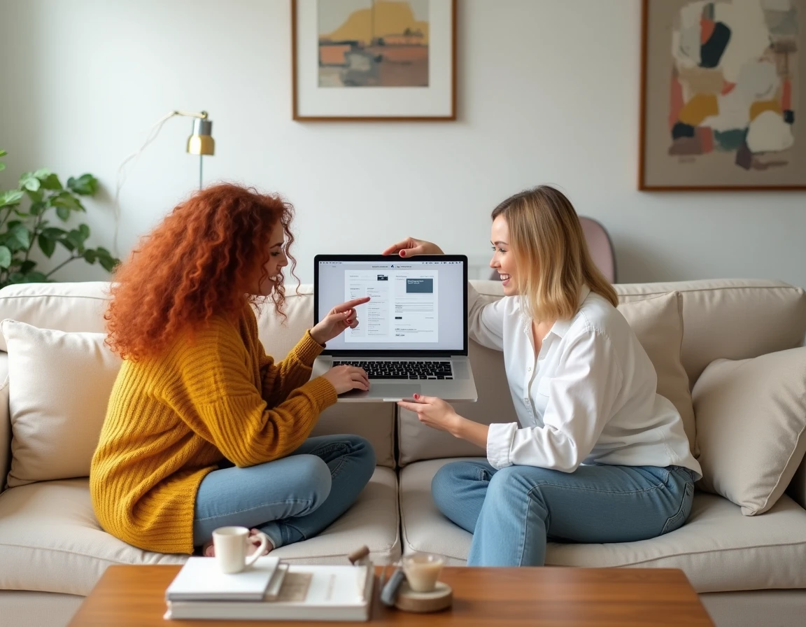 Deux femmes explorant ensemble le plan du site d'un blog de décoration sur un canapé dans un salon scandinave