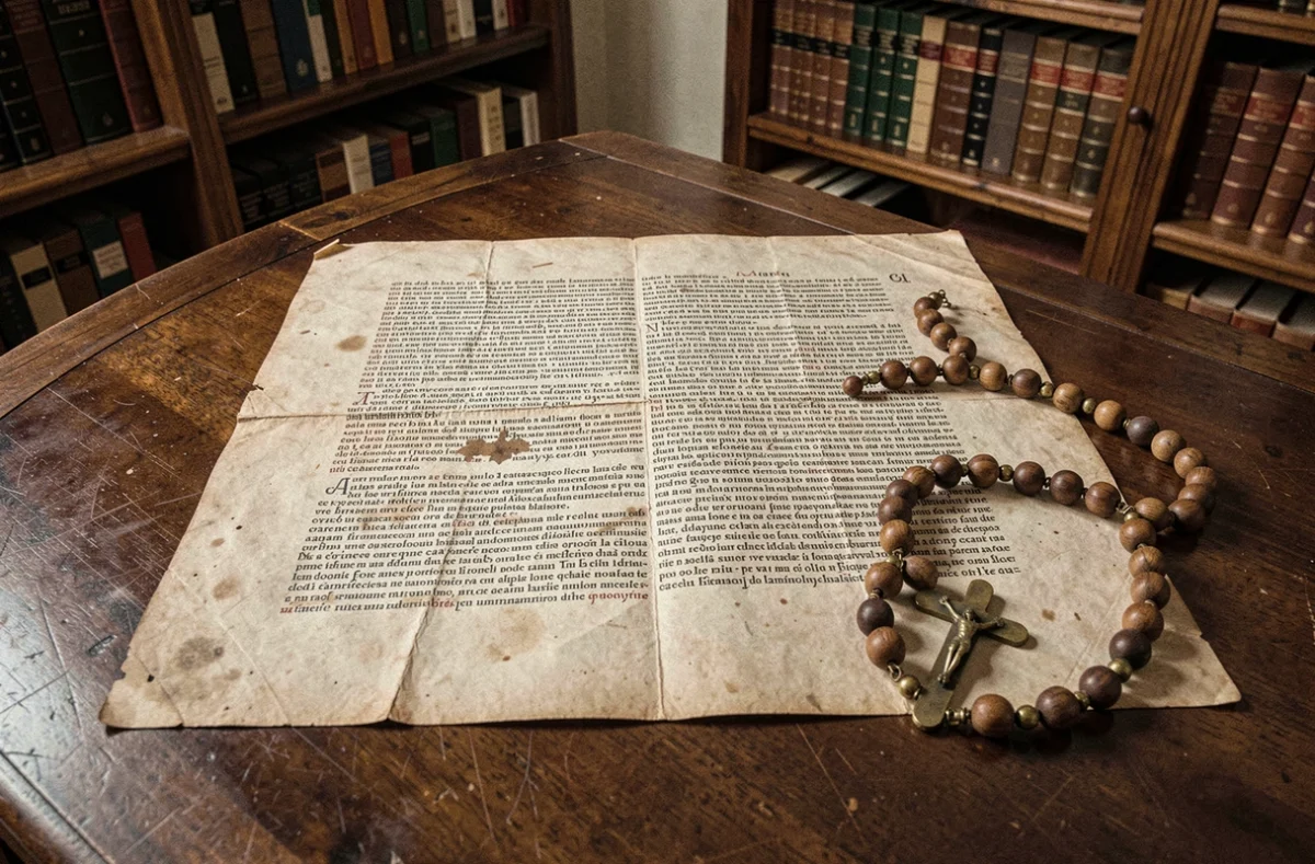 Document papal ancien en latin représentant un texte d'exorcisme posé sur un bureau monastique avec chapelet et crucifix