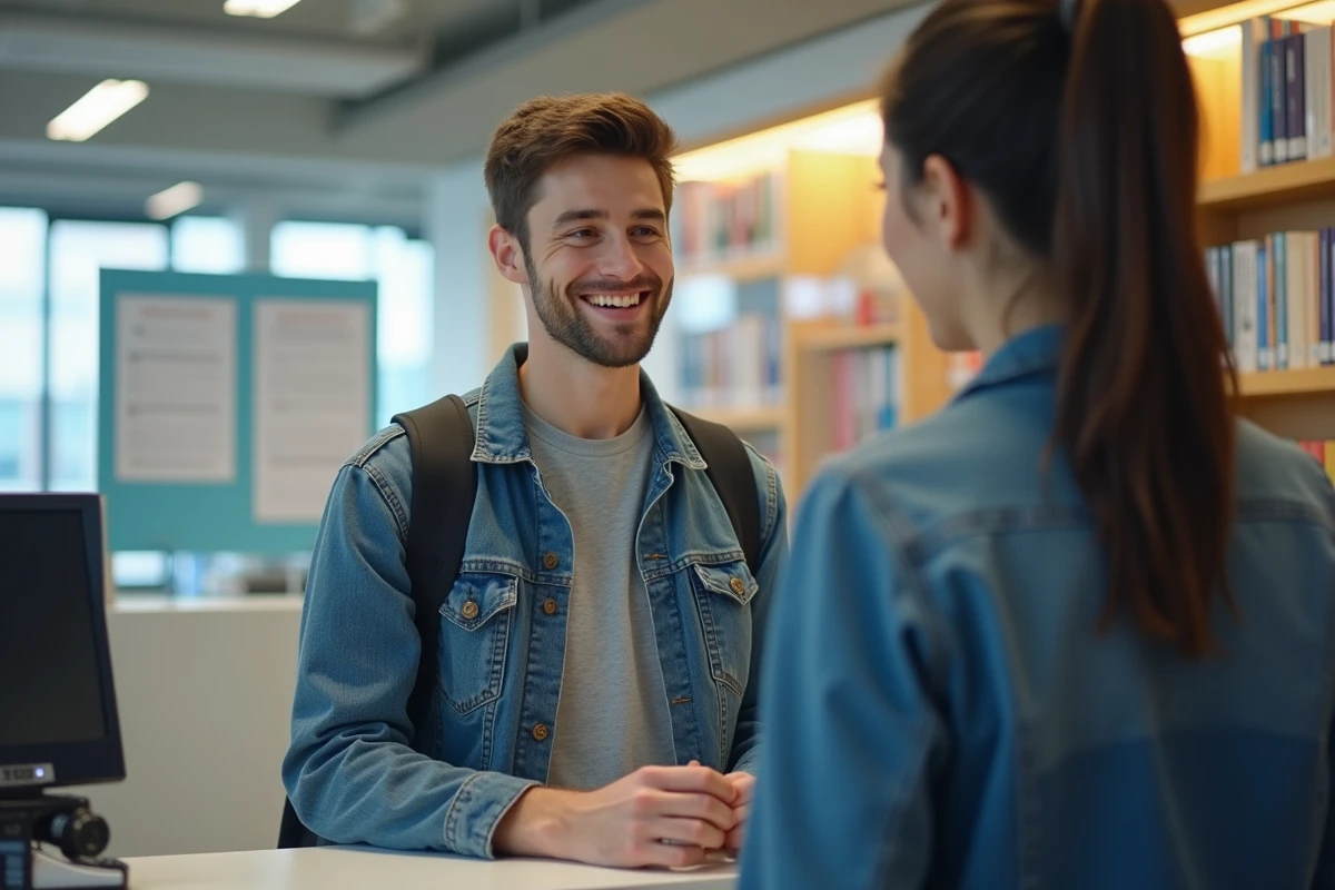 Etudiant en denim au bureau d accueil avec personnel administratif
