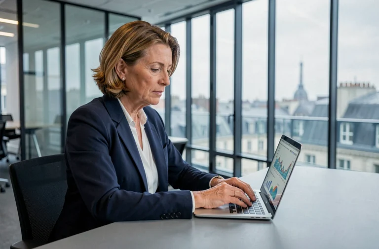 Femme d'affaires française analysant des graphiques financiers sur un ordinateur portable dans un bureau moderne à Paris