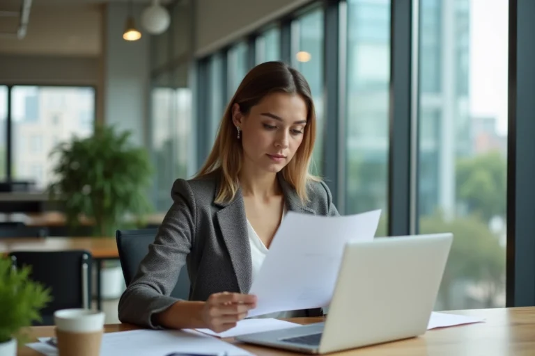 Jeune femme en bureau moderne travaillant concentrée