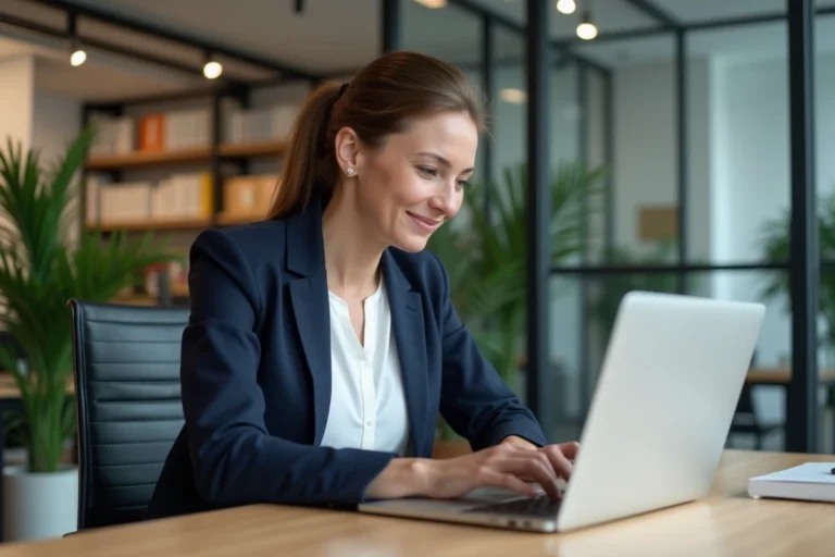 Femme professionnelle au bureau travaillant sur son ordinateur
