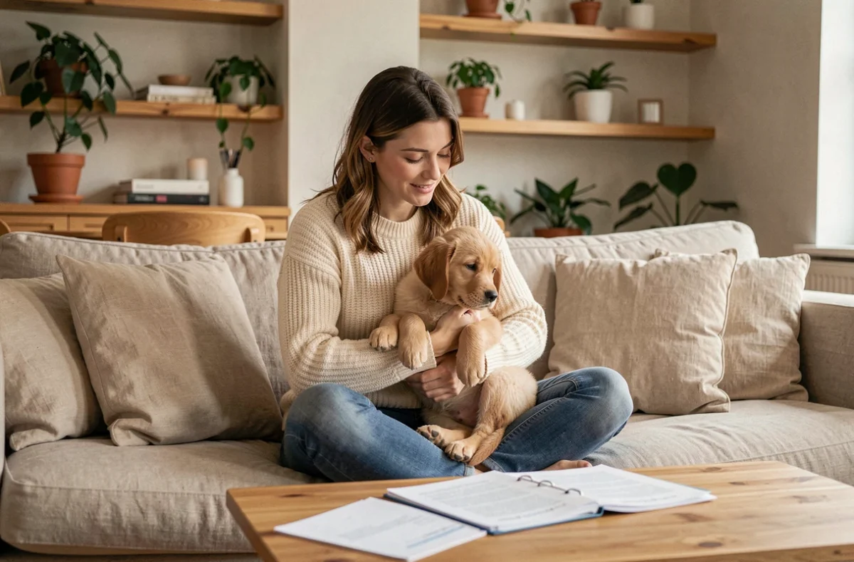 Femme en pull crème tenant un chiot golden retriever tout en consultant des documents d'assurance animale dans un appartement moderne