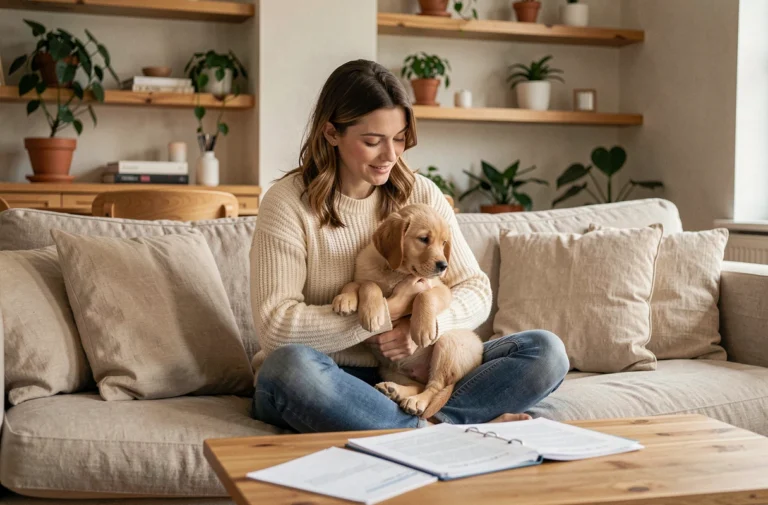 Femme en pull crème tenant un chiot golden retriever tout en consultant des documents d'assurance animale dans un appartement moderne