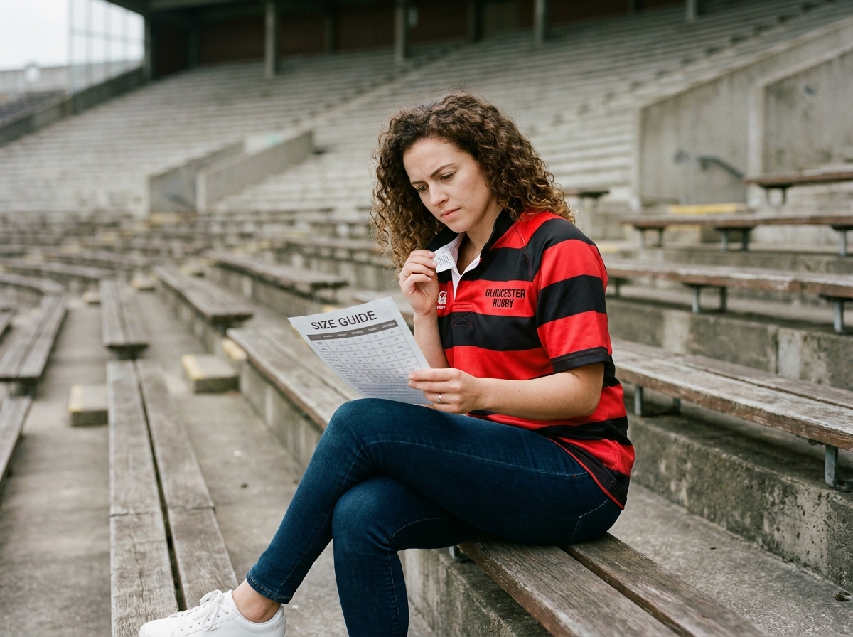 Une femme assise dans les tribunes d'un stade de rugby, comparant un guide des tailles à l'étiquette de son maillot de club