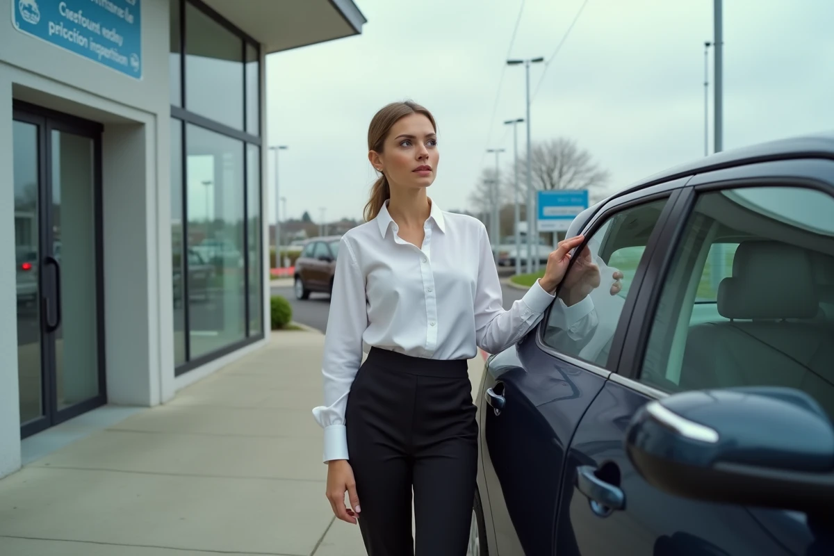 Femme près de sa voiture lors d’un contrôle technique extérieur