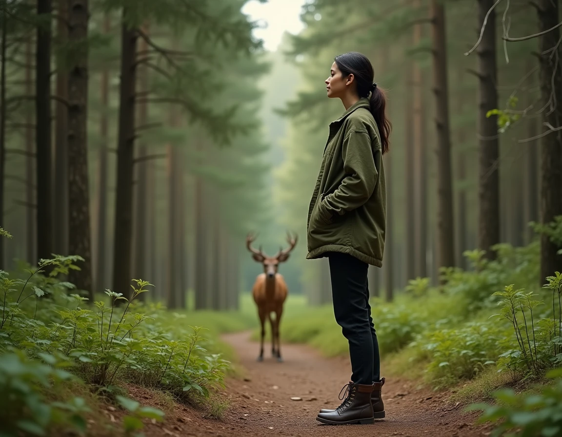 Femme croisant une biche sur un sentier forestier, symbolisant la rencontre spirituelle et le message de cet animal totem