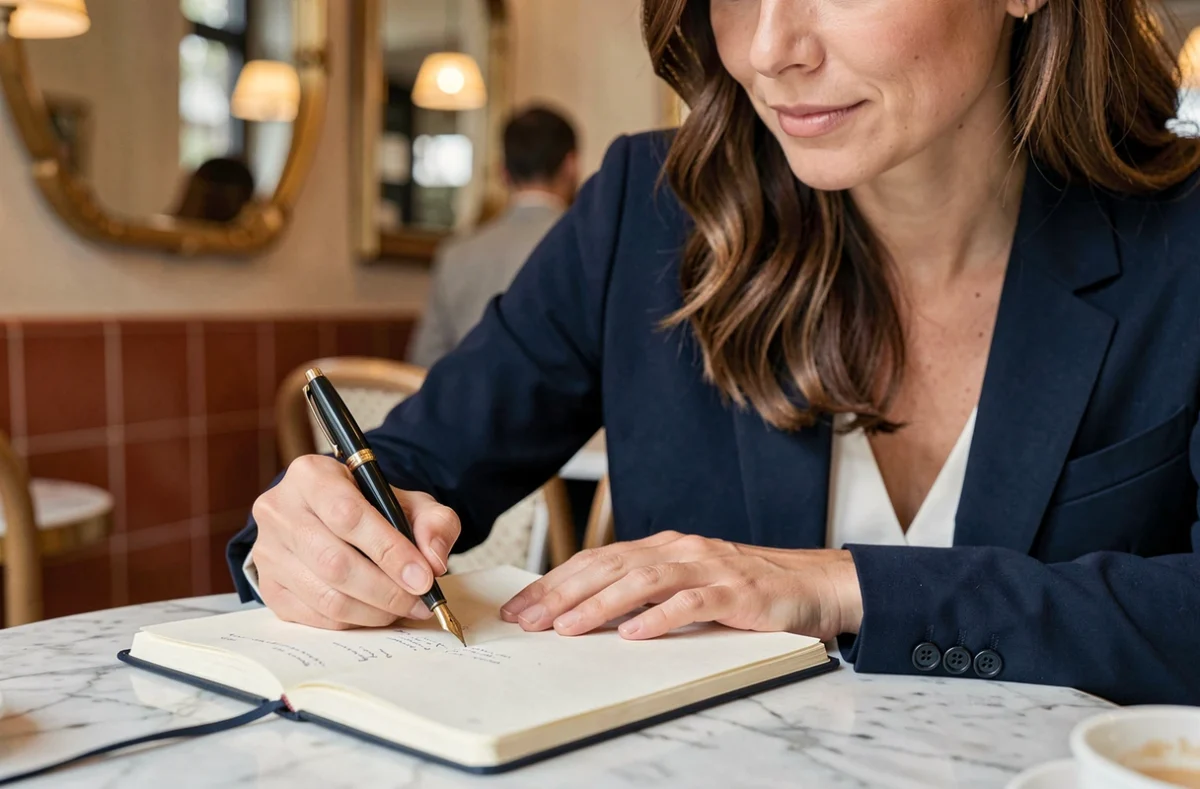 Femme écrivant avec un stylo bille de luxe dans un café parisien élégant