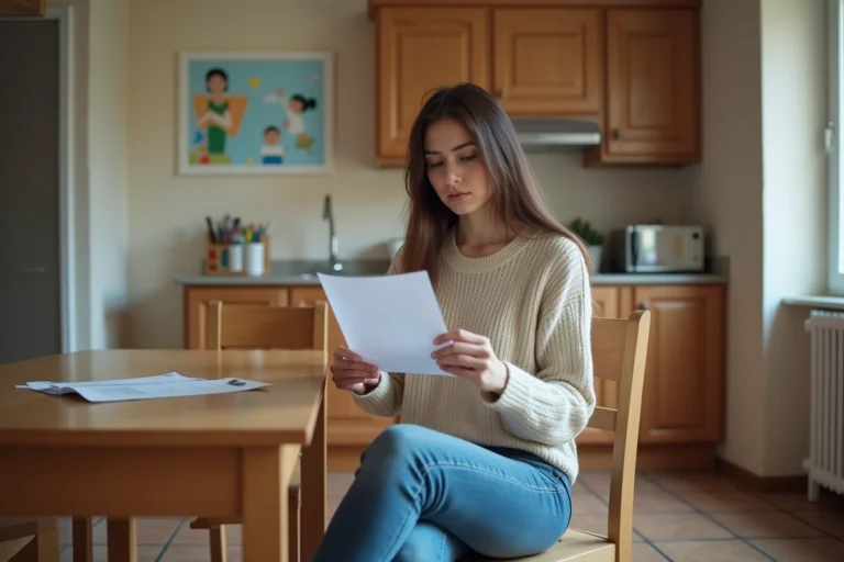 Femme lisant une lettre officielle avec inquiétude à la maison