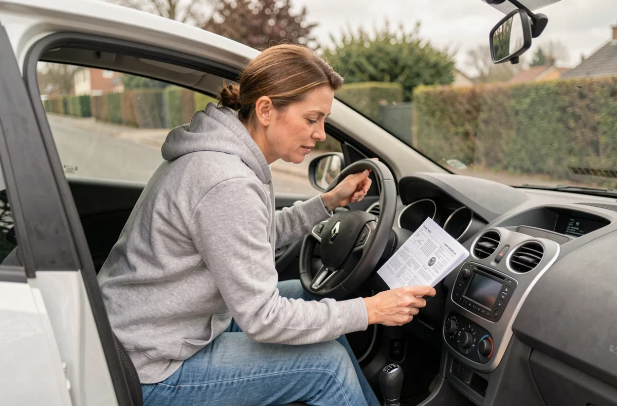 Femme consultant un manuel de réparation dans une Clio 2 pour localiser le boîtier anti-démarrage