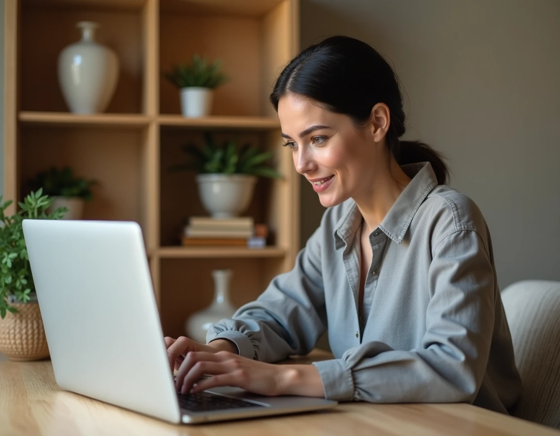 Femme naviguant sur le plan du site d'un blog de décoration intérieure depuis un bureau en bois à domicile