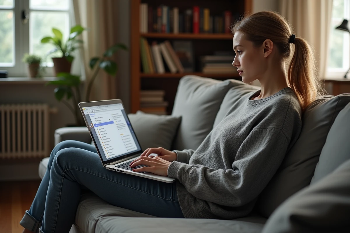 Femme utilisant un site de téléchargement illégal via un client torrent sur son ordinateur portable dans son salon