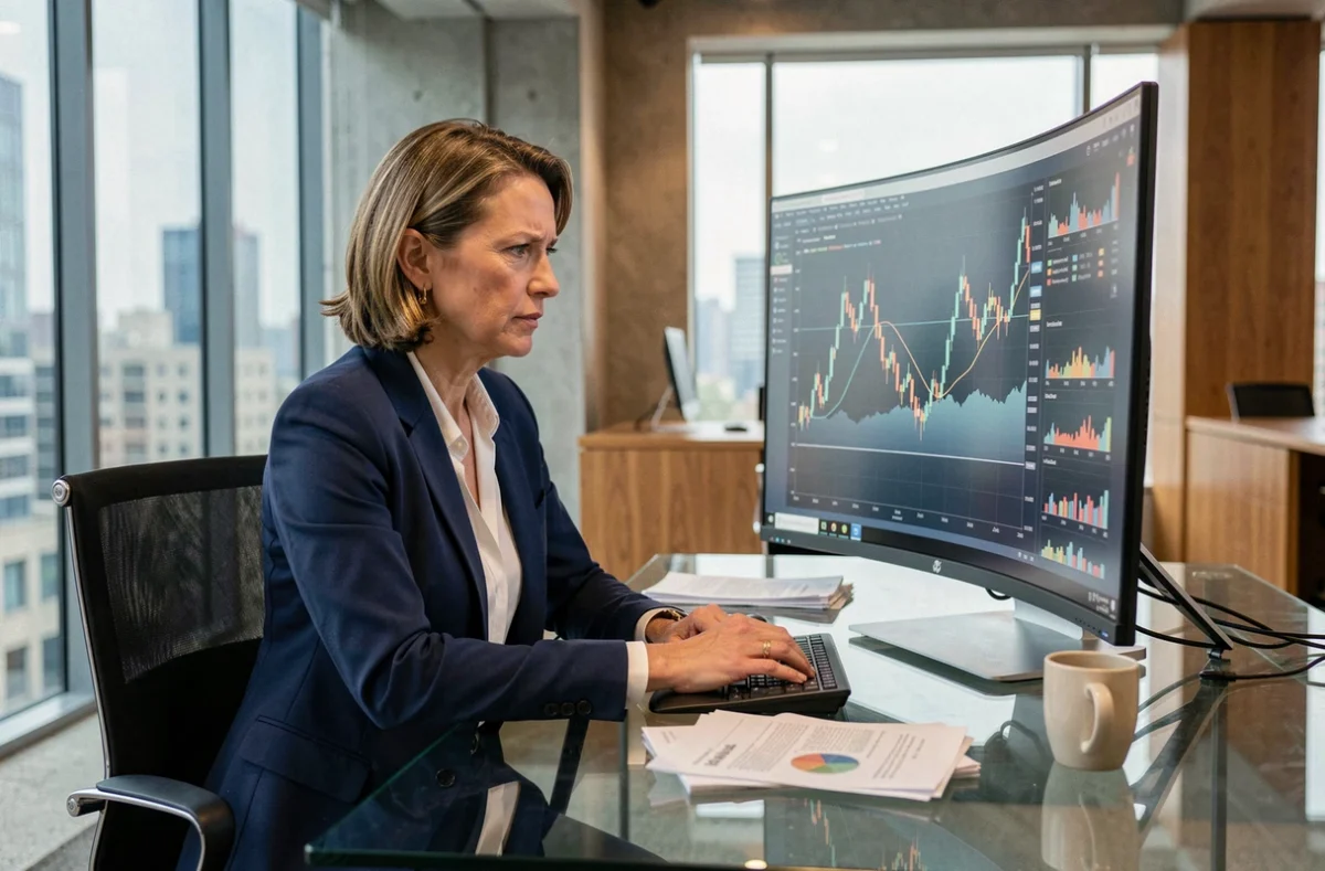 Professionnelle analysant des tendances financières sur un écran dans un bureau moderne en 2024