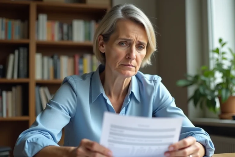 Femme consultant son relevé bancaire papier pour comprendre un prélèvement imprimerie