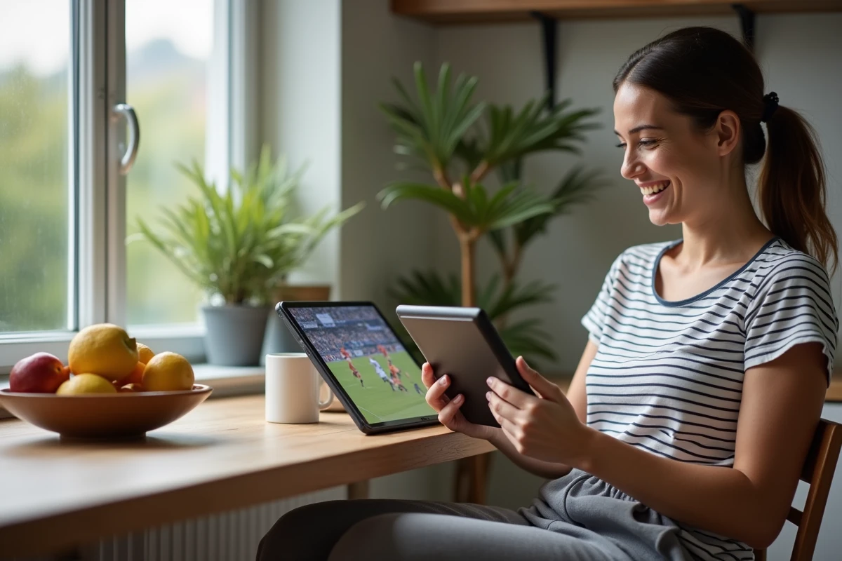 Femme souriante regardant un match de football sur sa tablette