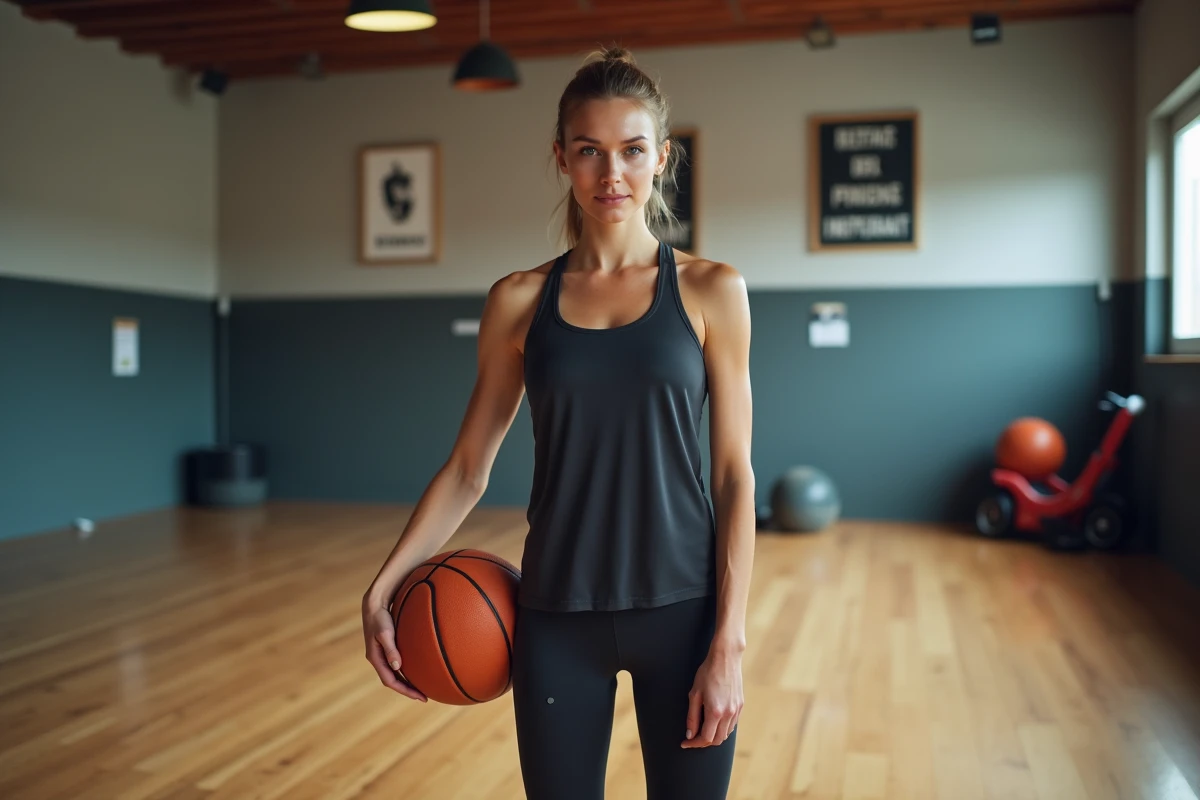 Jeune femme française posant avec un ballon de basket