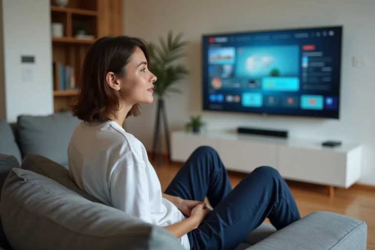 Jeune femme regardant un service de streaming légal sur sa télévision dans un salon moderne