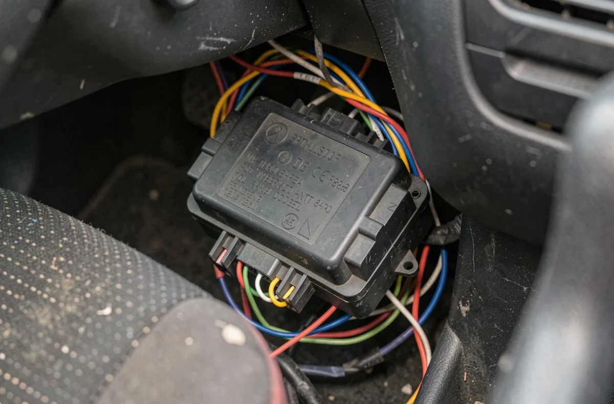 Gros plan du boîtier anti-démarrage avec faisceau de câbles derrière le tableau de bord d'une Clio 2
