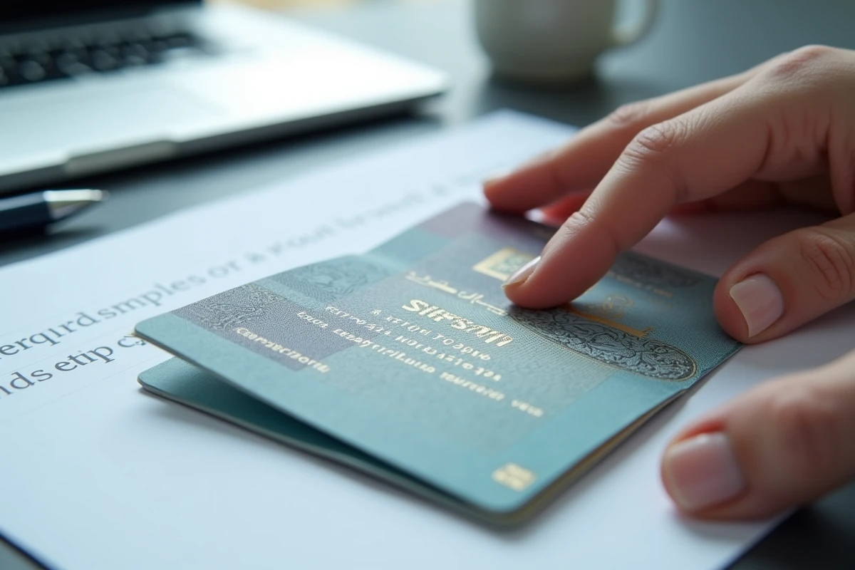 Gros plan sur une page de données biographiques d'un passeport ouvert posé à plat sur un bureau blanc
