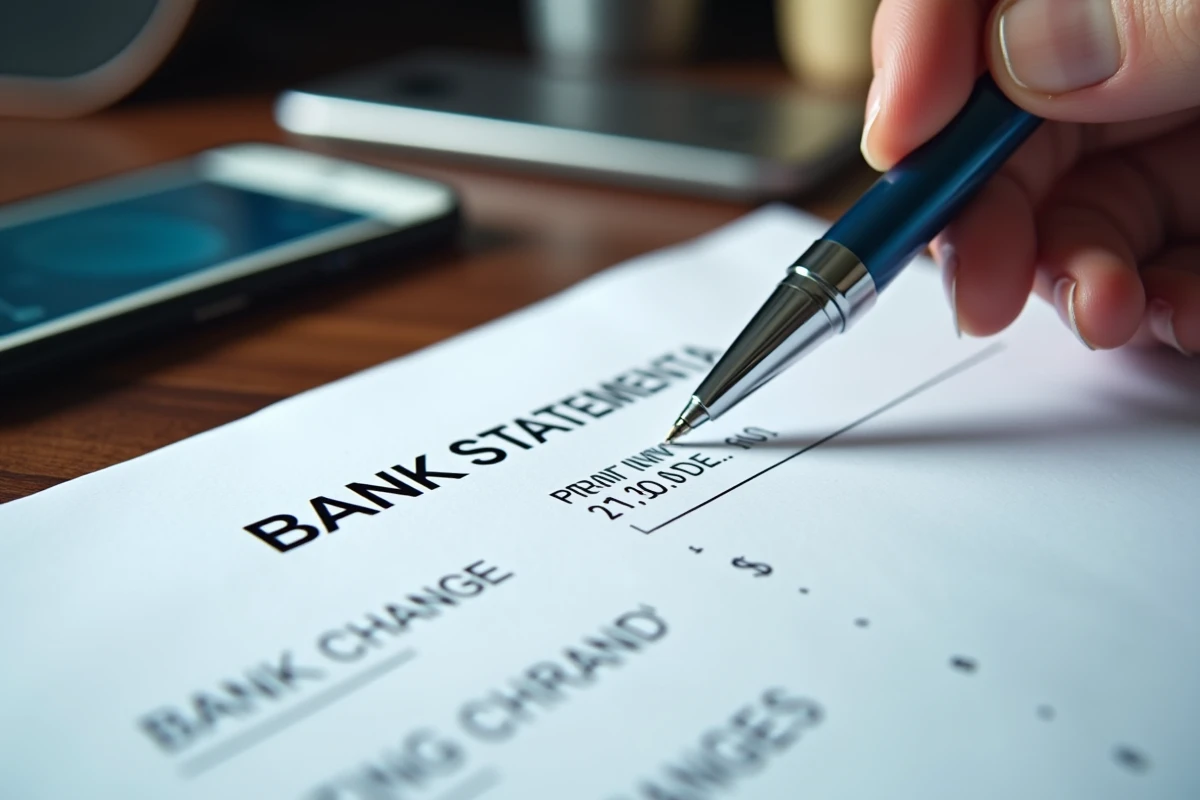 Gros plan d'un relevé bancaire papier montrant un prélèvement d'imprimerie avec un stylo et un smartphone