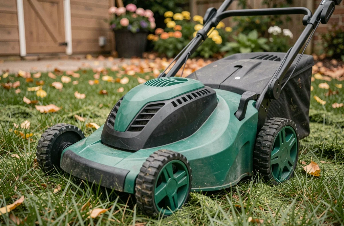 Gros plan sur la tondeuse à gazon Greencut GLM660SX posée sur un gazon fraîchement tondu