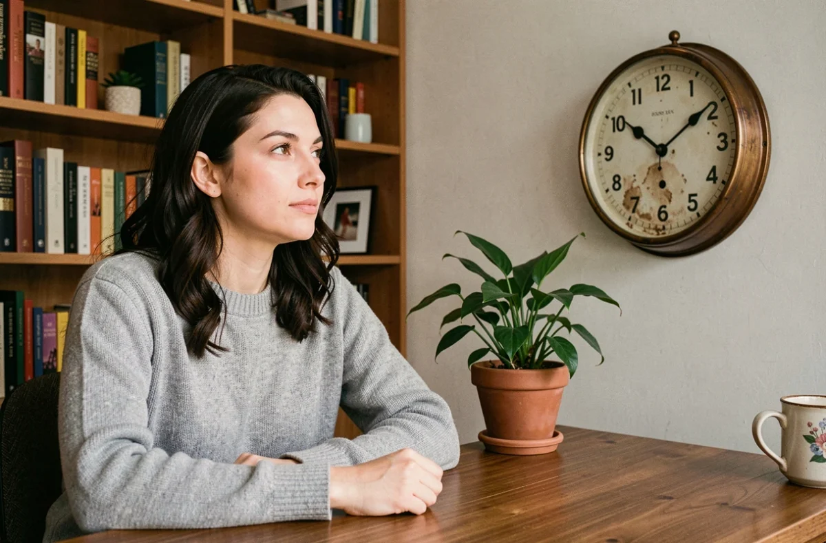 Femme contemplant une horloge affichant 20h22, symbolisant l'heure miroir et sa signification en numérologie