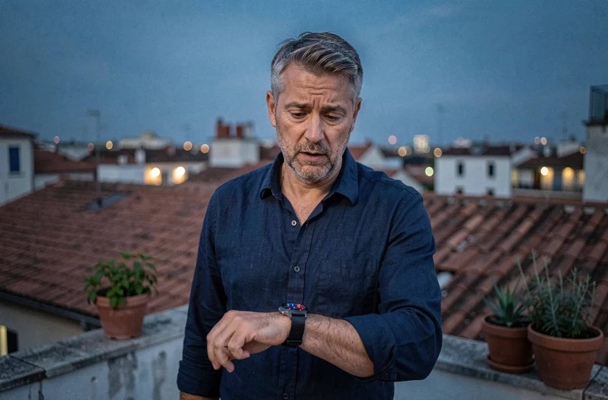 Homme sur une terrasse urbaine regardant sa montre affichant 20h22, illustrant la signification de l'heure miroir