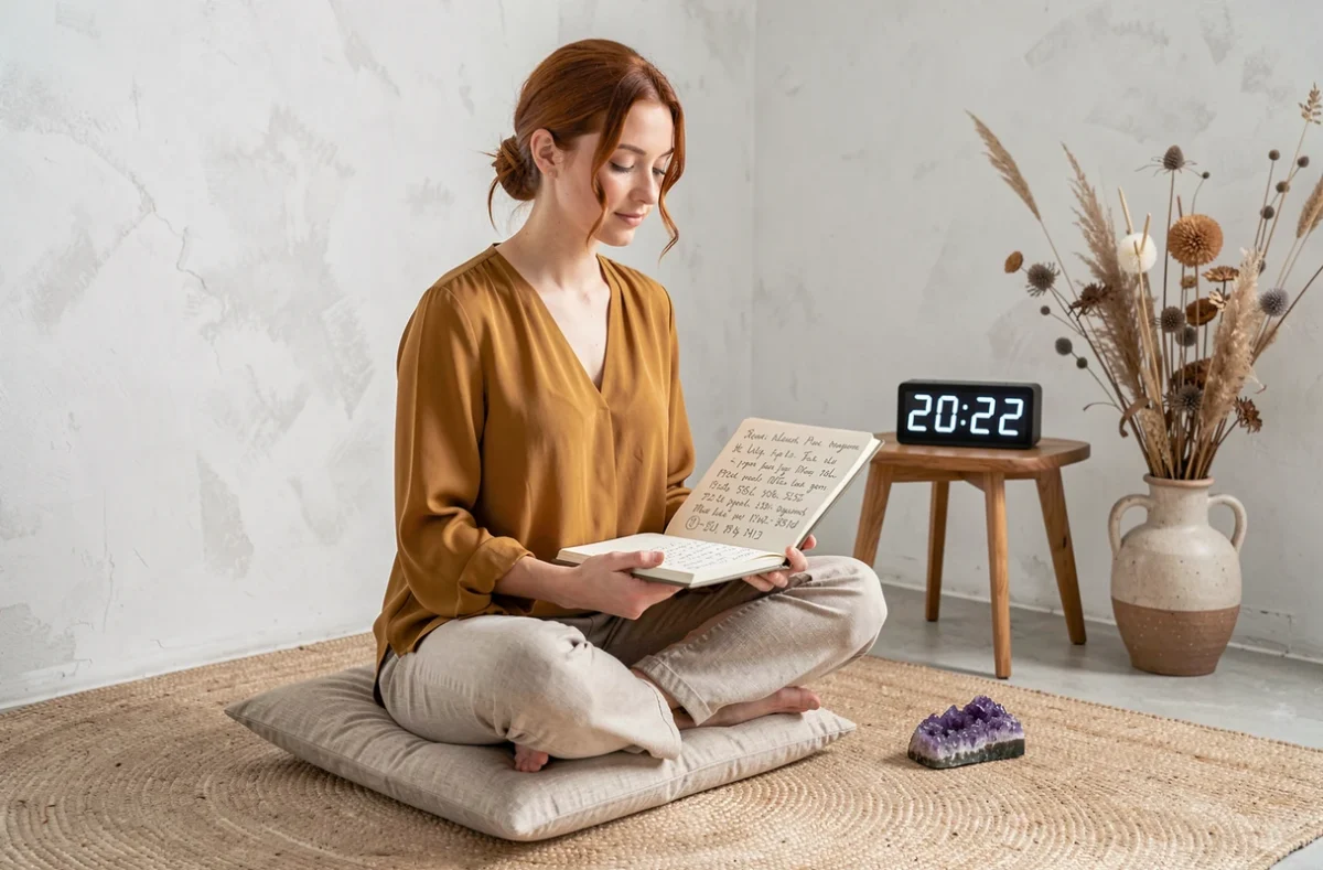 Jeune femme prenant des notes sur la numérologie avec un affichage 20h22 visible, explorant la signification de l'heure miroir