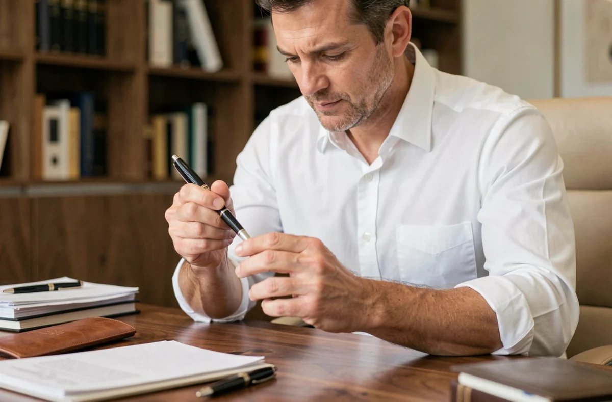 Homme d'affaires examinant un stylo bille de luxe dans un bureau moderne en bois de noyer