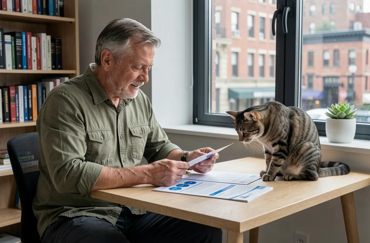 Homme comparant des brochures d'assurance pour animaux de compagnie avec son chat tigré posé sur le bureau à la maison