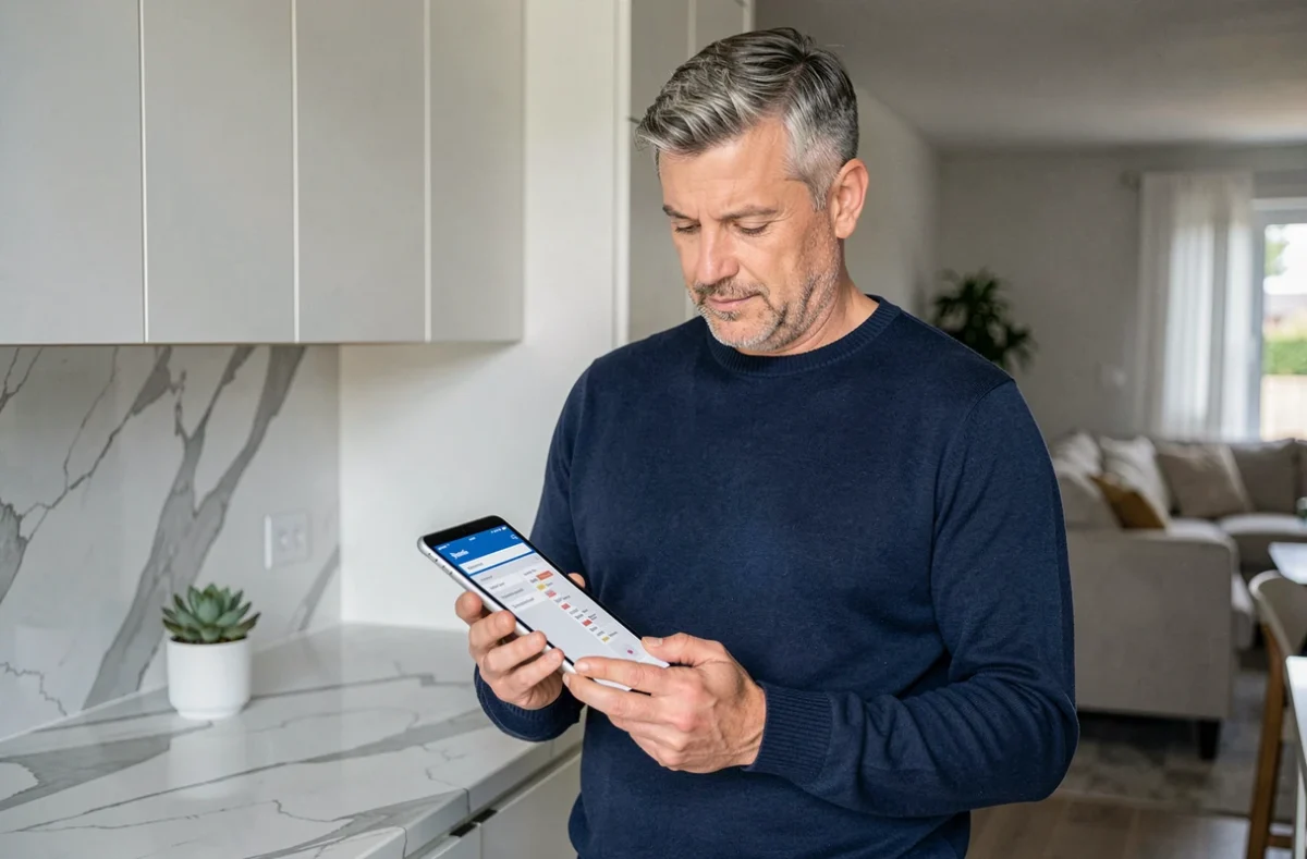 Homme consultant le plan du site d'un blog de décoration sur une tablette dans une cuisine moderne
