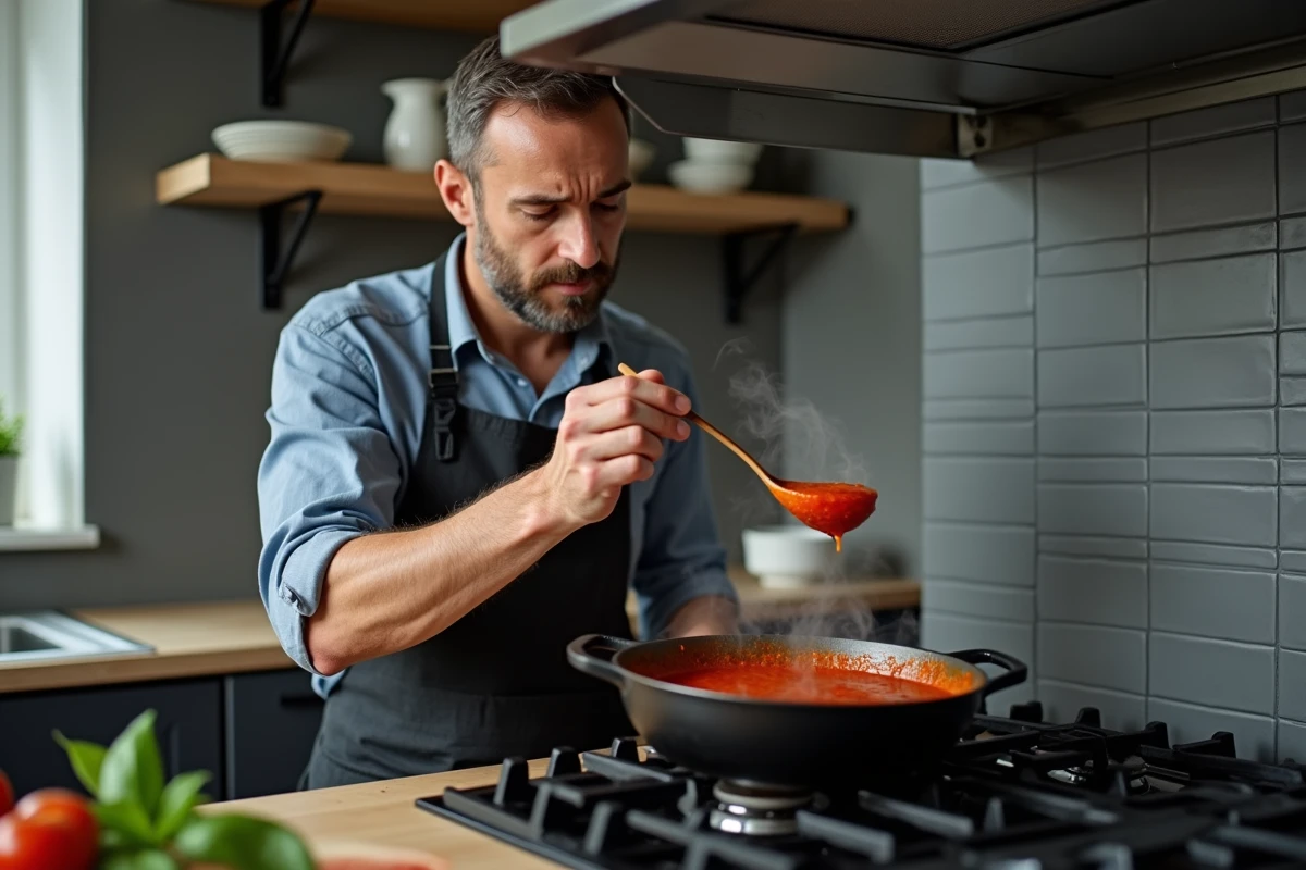 Homme goûtant une sauce tomate maison mijotant dans une cocotte en fonte sur une cuisinière à gaz moderne