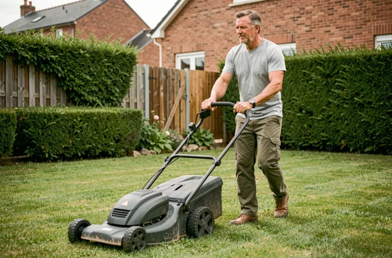 Homme utilisant une tondeuse à gazon Greencut dans un jardin résidentiel bien entretenu