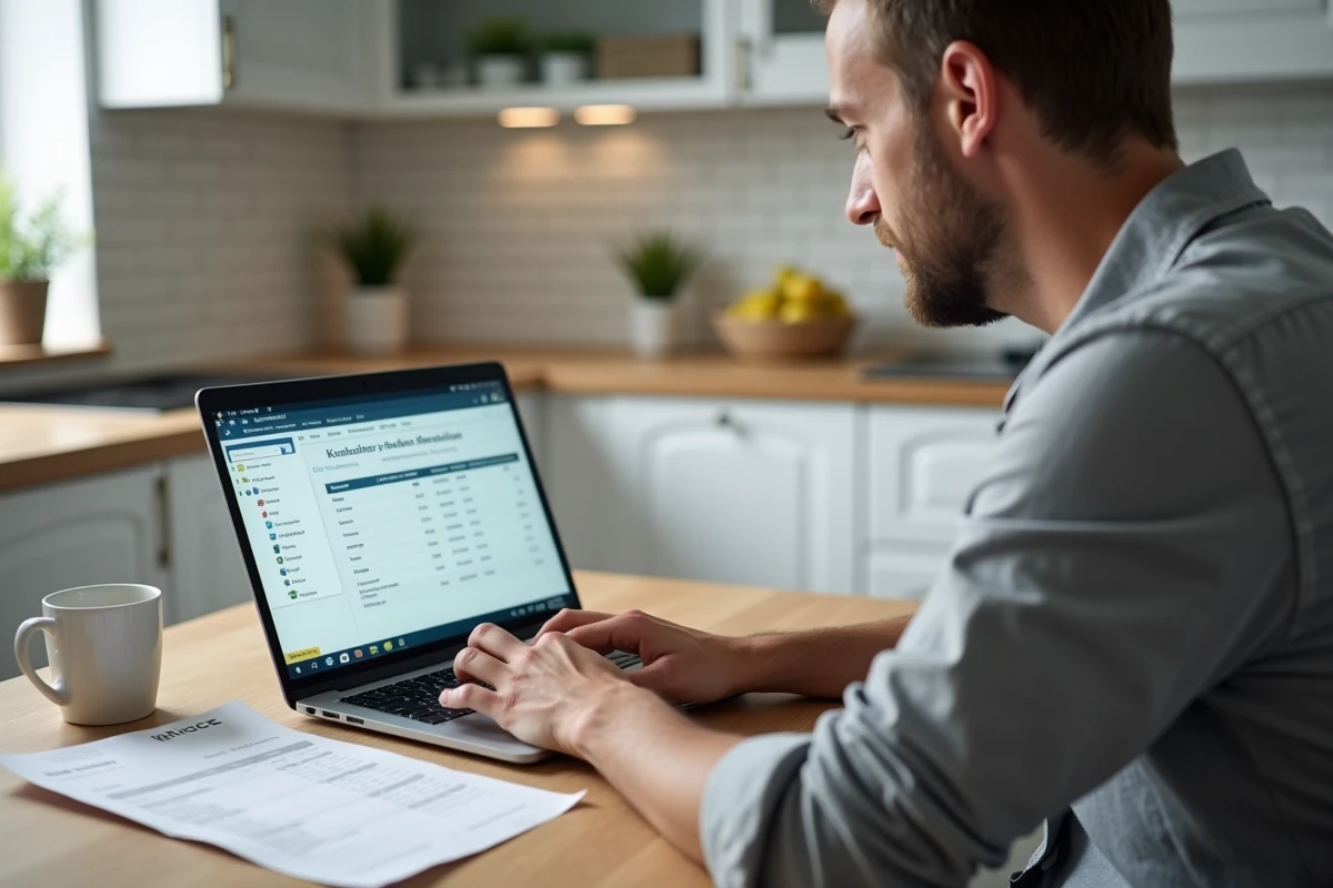 Homme vérifiant un prélèvement imprimerie sur son compte bancaire en ligne avec une facture papier